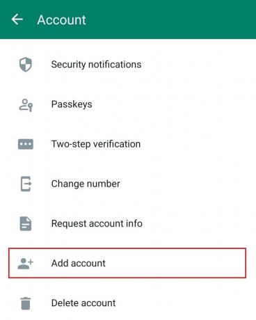 Bakstelėkite Paskyra, tada Pridėti paskyrą. | kaip naudoti 2 WhatsApp viename Android telefone