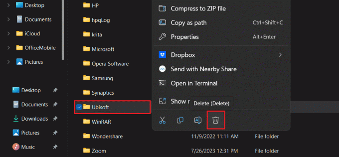 Abra a pasta Roaming e clique com o botão direito do mouse na pasta Ubisoft, seguida do ícone Excluir. | Uplay detectou um erro irrecuperável