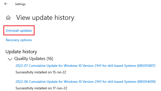Klicken Sie auf Updates deinstallieren. WHEA INTERNER FEHLER in Windows 10 behoben