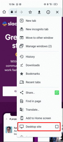 toque la opción de tres puntos presente en la esquina superior derecha de su pantalla y luego presione la opción Sitio web de escritorio. 