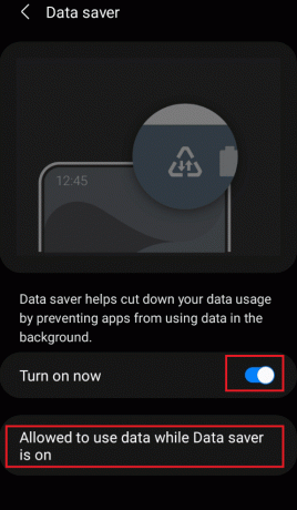 Włącz opcję Włącz teraz dla Oszczędzania danych, a następnie dotknij Dozwolone korzystanie z danych, gdy Oszczędzanie danych jest włączone | napraw Snapchat nie wczytuje historii