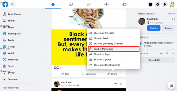 Klik ikon Bagikan dan pilih Kirim di Messenger dari menu.