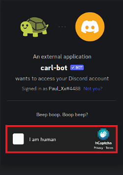 Vervollständigen Sie das CAPTCHA, um den Carl Bot hinzuzufügen