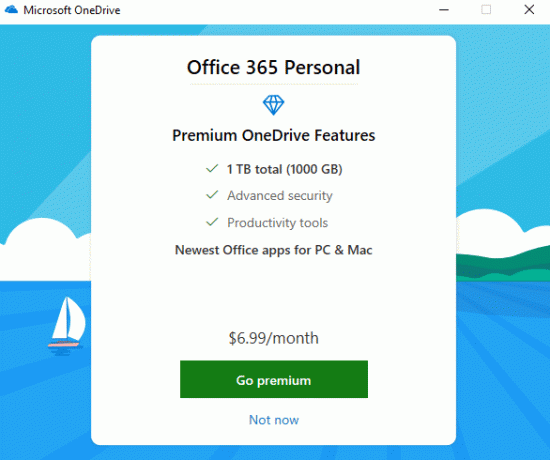 OneDrive 무료 버전을 사용하는 경우 지금 없음을 클릭하십시오.
