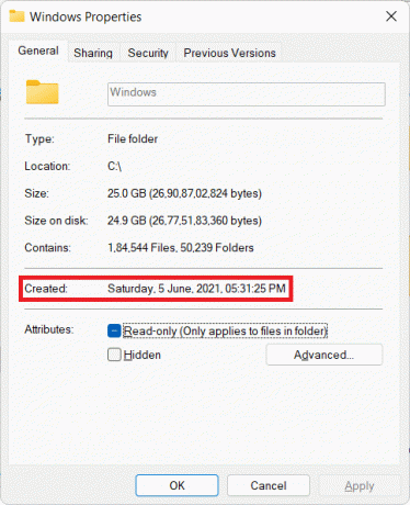 tarkastella päivämäärää ja kellonaikaa Windowsin ominaisuuksien Windows 11:n Yleiset-välilehden Luotu-osiossa. Ohjelmiston asennuspäivämäärän tarkistaminen Windowsissa