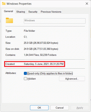 se dato og klokkeslett i Opprettet-delen i Generelt-fanen i Windows-egenskaper Windows 11. Hvordan sjekke programvareinstallasjonsdatoen i Windows
