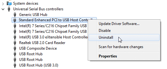 Odinstalujte Standard Enhanced PCI to USB Host Controller