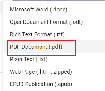 Iš parinkčių pasirinkite PDF dokumentą (.pdf) ir pdf bus atsisiųstas