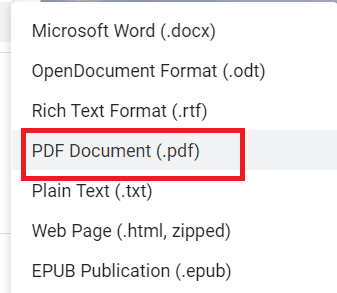 Seleccione Documento PDF (.pdf) de las opciones y se descargará el pdf