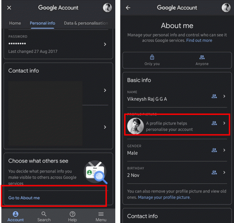 Dans la section À propos de moi, appuyez sur la section intitulée PHOTO DE PROFIL | Comment supprimer la photo de profil Google ou Gmail