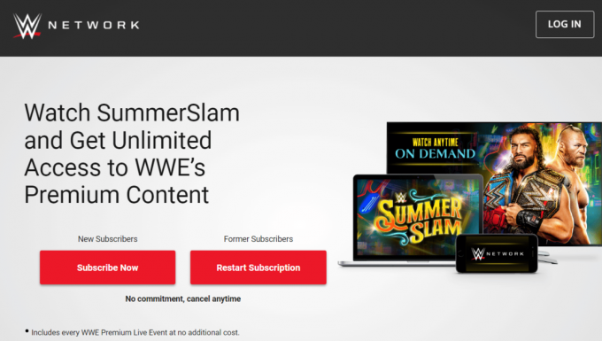 Página inicial do site da WWE Network