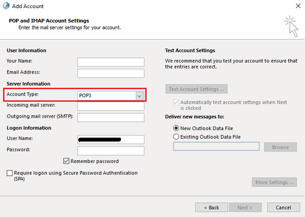 Voer uw inloggegevens in en selecteer accounttype POP3. Fix this is not a valid file name outlook