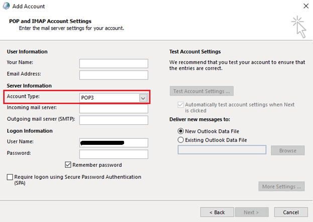 Indtast dine legitimationsoplysninger, og vælg kontotype POP3. Løs dette er ikke et gyldigt filnavn outlook