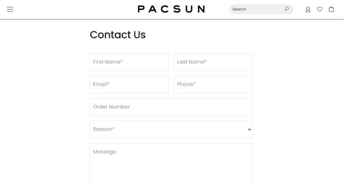 Свържете се с нас уеб страница | PacSun изпраща имейли за потвърждение