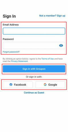 أدخل عنوان بريدك الإلكتروني وكلمة المرور وانقر فوق تسجيل الدخول باستخدام Groupon أو قم بتسجيل الدخول باستخدام Facebook أو Google