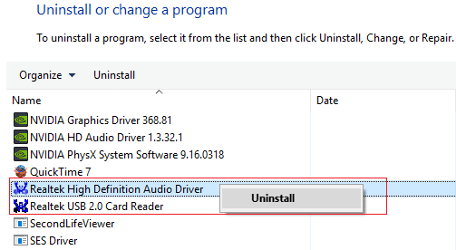 hapus instalan driver audio definisi tinggi realtek