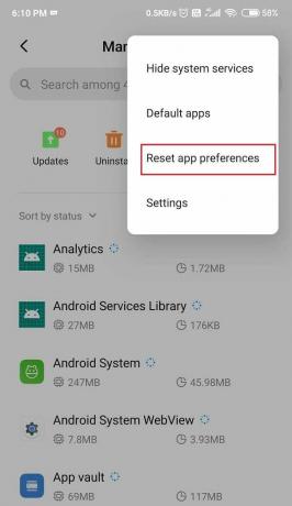Изберете бутона Нулиране на предпочитанията на приложението от падащото меню | Как да поправите Android. процес. Грешка за спиране на медиите