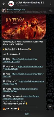 Telegramside til MDisk Movies Empire 5.0 med legendefilmen Kantara
