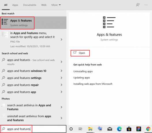 tastați aplicații și caracteristici și faceți clic pe Deschidere în bara de căutare Windows 10