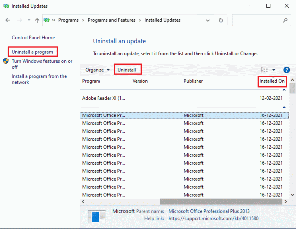 selectați cea mai recentă actualizare și faceți clic pe opțiunea Dezinstalare. Remediați eroarea de actualizare Windows 10 0x800f0831