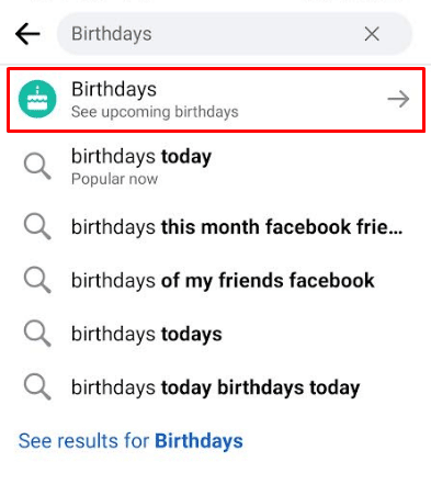 Geben Sie Geburtstage ein und tippen Sie auf das erste Ergebnis | was mit Geburtstagen auf Facebook passiert ist | Schalten Sie Facebook-Benachrichtigungen ein und aus
