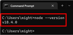 Komandinėje eilutėje įveskite node version ir paspauskite Enter