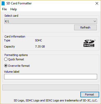 izberite svojo kartico SD in kliknite možnost Format Prepiši