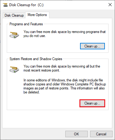 klik på Ryd op... knappen under Systemgendannelse og skyggekopier. Reparer Forza Horizon 4 FH001 i Windows 10