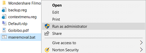 Клацніть правою кнопкою миші файл mseremoval.bat і виберіть «Запуск від імені адміністратора».