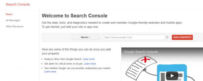 Екран привітання Google Search Console