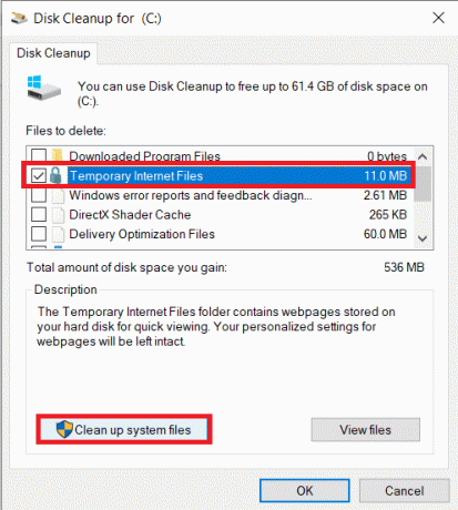 Faceți clic pe Curățare fișiere de sistem | Cum să remediați eroarea 0x80004005 pe Windows 10