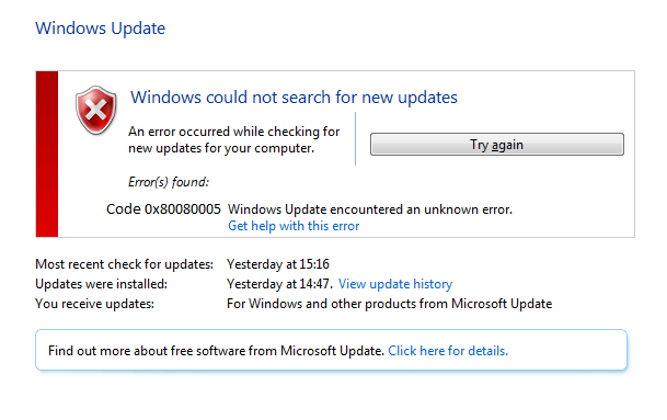 Izlabojiet Windows atjaunināšanas kļūdu 0x80080005