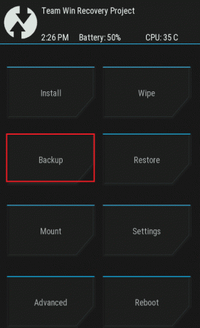 Tippen Sie auf die Backup-Option. Fix: Storage TWRP kann auf Android nicht gemountet werden