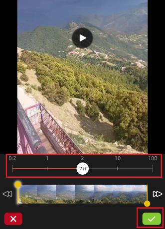 Ajuste a velocidade do vídeo usando a barra deslizante e toque na opção de seleção verde.