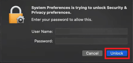 въведете потребителско име и парола и щракнете върху Отключване. Корекцията не може да се отвори, защото разработчикът не може да бъде потвърден в Mac