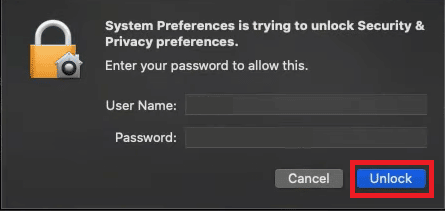 escriba el nombre de usuario y la contraseña y haga clic en Desbloquear. La corrección no se puede abrir porque el desarrollador no se puede verificar en Mac