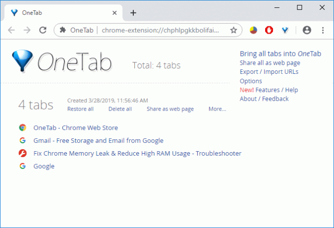 Użyj rozszerzenia One Tab do przeglądarki Chrome, aby naprawić problem z wyciekiem pamięci w Chrome