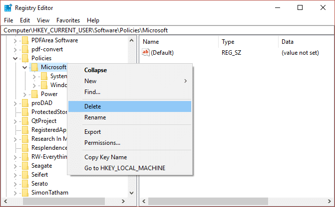 Kliknij prawym przyciskiem myszy Microsoft i wybierz Usuń, aby usunąć zasady grupy domeny z komputera