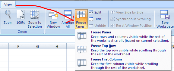 Панелі заморожування Excel