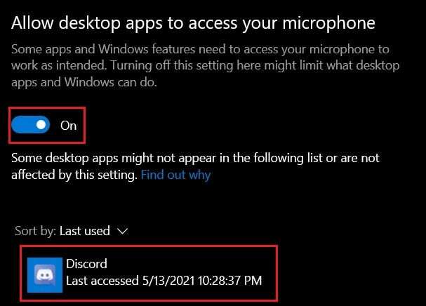 Sub Permiteți aplicațiilor desktop să vă folosească microfonul, asigurați-vă că Discord este listat | Remediați ecranul Discord Partajarea sunetului nu funcționează