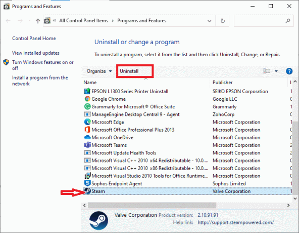 Сега щракнете върху Steam и изберете опцията Деинсталиране, както е показано на снимката по-долу.