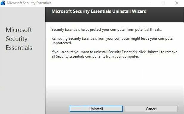 Seleziona Disinstalla nella finestra di Microsoft Security Client