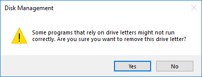 Klicken Sie auf Ja, um den Laufwerksbuchstaben zu entfernen