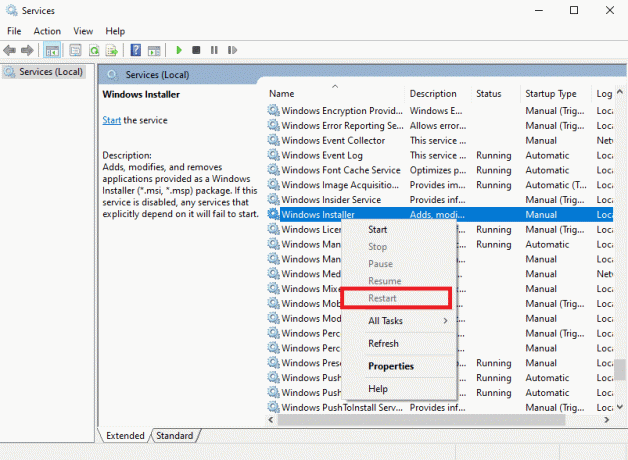 Napsauta hiiren kakkospainikkeella Windows Installer -palvelua ja napsauta Käynnistä uudelleen. Korjaa Odota, kunnes nykyinen ohjelma on valmis Asennuksen poistovirhe