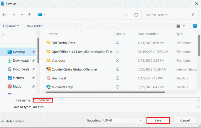 Írja be a flushDNS.bat parancsot a Fájlnév mezőbe, majd kattintson a Mentés | A DNS-gyorsítótár ürítése a Windows 11 rendszerben