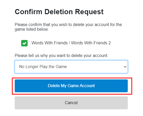 натиснете Delete My Game Account.