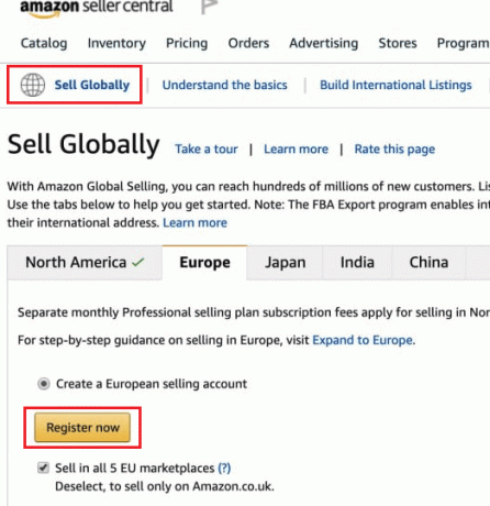 Odaberite Prodaj globalno iz inventara - Odaberite naciju ili regiju u kojoj želite prodavati i dodirnite Registriraj se sada