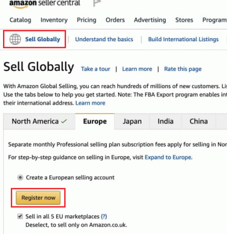 Vyberte Globální prodej ze seznamu – Vyberte zemi nebo region, kde chcete prodávat, a klepněte na Registrovat se