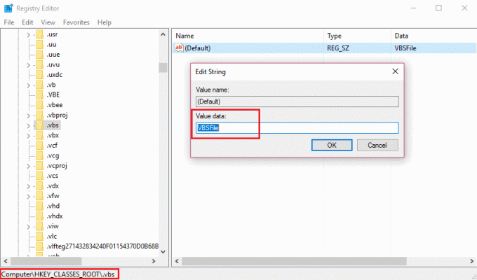 გადადით .vbs კლავიშზე და შეცვალეთ მისი ნაგულისხმევი მნიშვნელობა VBSFile-ზე