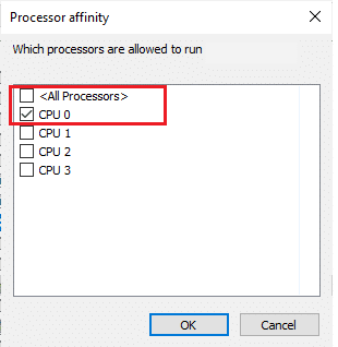 모든 프로세서 상자의 선택을 취소한 다음 그림과 같이 CPU 0 상자를 선택하십시오.